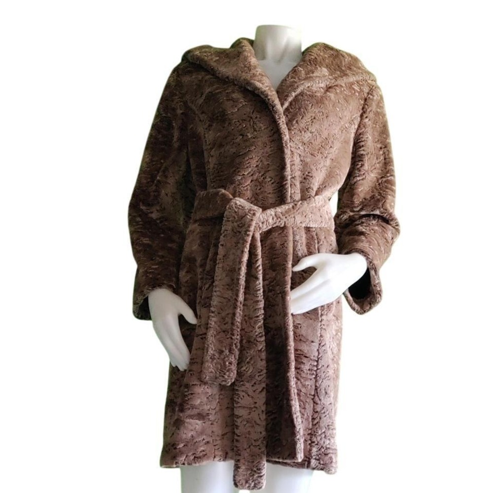 NWT $447 Fleurette Hooded Belted Coat Taupe Persian Lamb Style. Size 14